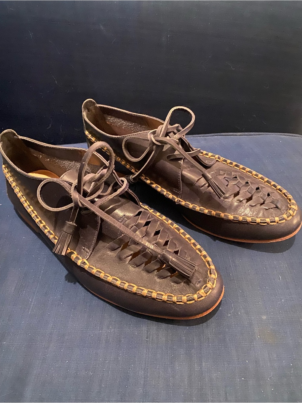 THE GREAT. Blue Woven Leather Tassel Moccasins